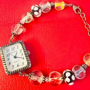 Geneva Women's Cancer Awareness Vintage Watch with Colorful Beaded Bracelet